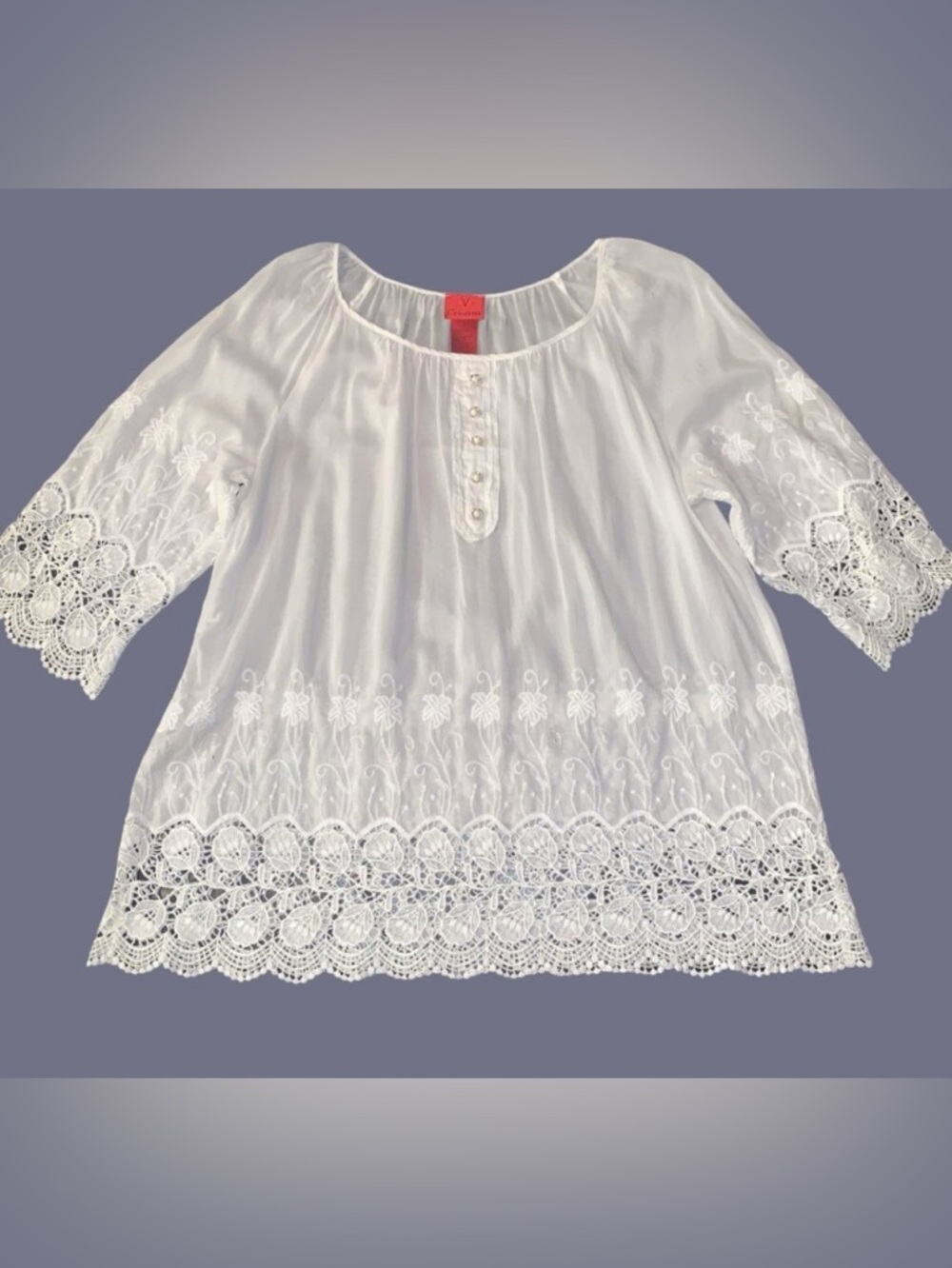 V Cristina Silk White Sz L Blouse Shirt Boho Embroidered Sheer 3/4 Sleeve Button